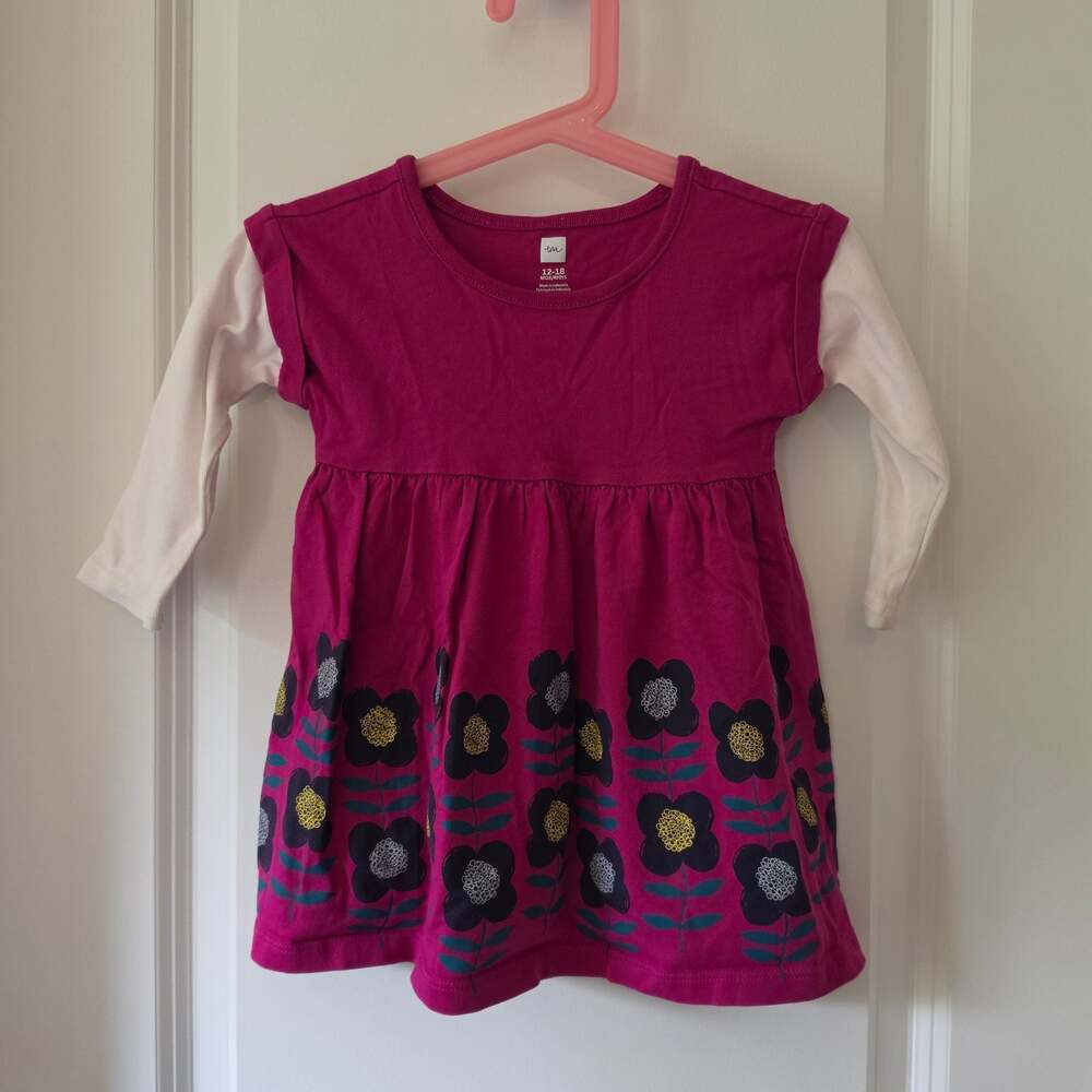Tea Collection Baby Girl 12-18M Pink Floral Layered Look Dress 100% Cotton